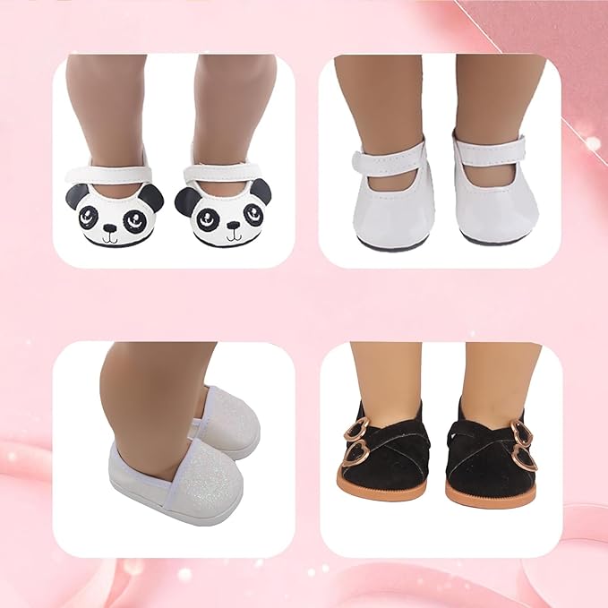 Doll Shoes for 18 Inch American Dolls, Includes 7 Doll Shoes ( Random from 20 ) and 2 Doll Socks, Fashion Princess Shoes Boots Leather Shoes Canvas Sneaker, Gifts for Little Kids