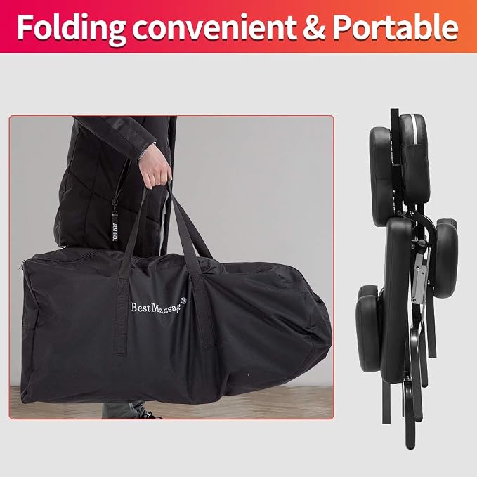Portable Massage Chair for Tattoo and Spa Foldable Massage Therapy Chair with Adjustable Face Cradle High-Density Cushion Lightweight Design with Carrying Bag Ideal for Salon Use (Black)