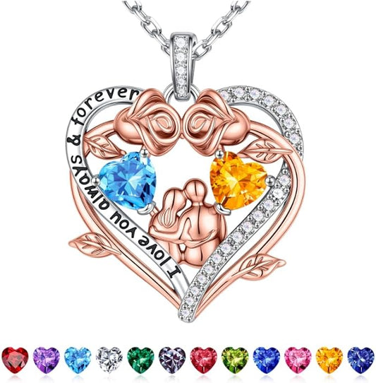 Iefil Valentines Gifts for Her Wife - 925 Sterling Silver Double Heart Birthstone Necklace, Anniversary Birthday Gifts for Women Wife Girlfriend