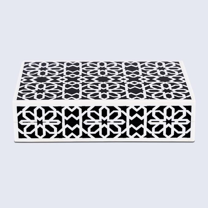 Handicrafts Home Small Decorative Storage Box with Lid, Black White Persian Tile Keepsake Box, Moorish Rosette Trinket Box for Jewelry, Desk Organizer & Coffee Table Decor, Shiraz 8 x 5 x 2