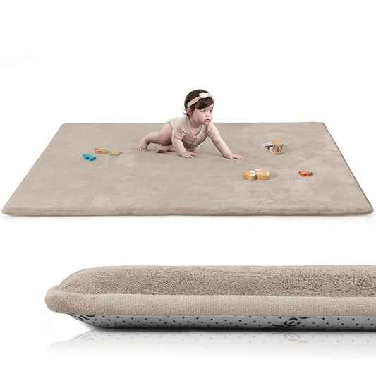 Extra Large 79"×158" Baby Play Mat for Floor,1.3" Thick Elasti Foam Playroom Mat for Toddler,Infant,Kids,Ultra Soft Velvet Classroom Rug,Non Slip Backing Safe for Crawling&Tummy Time(Beige)