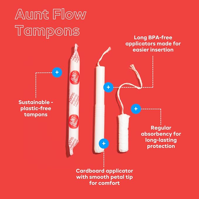 Aunt Flow Organic Cotton Tampons, Cardboard Applicator, Regular Absorbency, BPA-Free, Hypoallergenic, Unscented, 36 Count