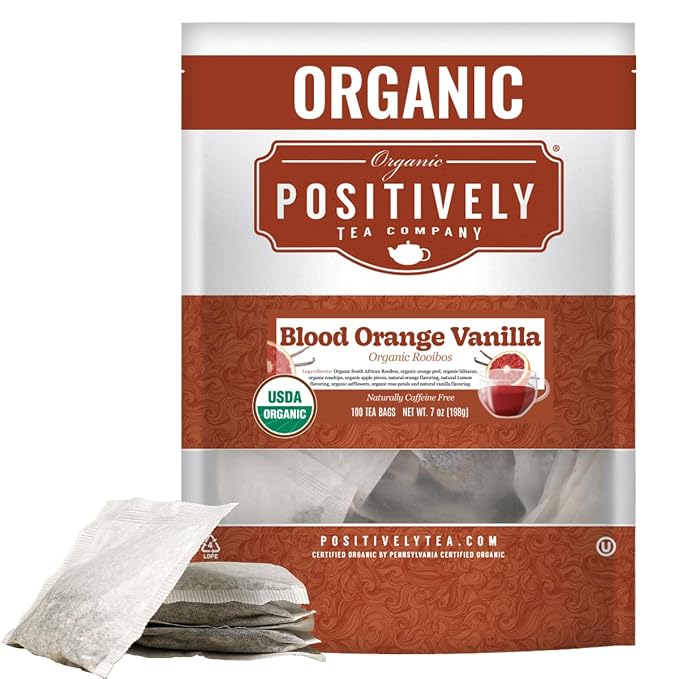 Organic Positively Tea Company, Blood Orange Vanilla Rooibos Tea Bags, 100 Count, Eco-Friendly Tea Bags, Non-GMO
