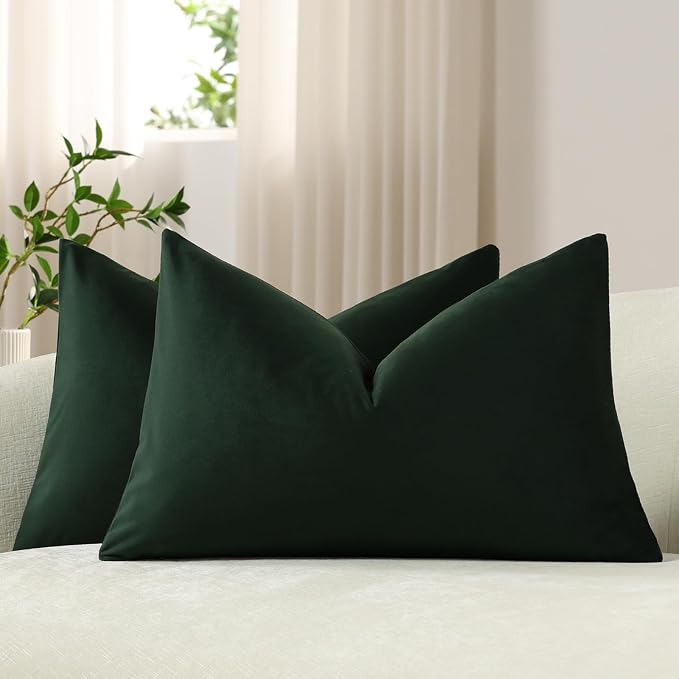 Lumbar Pillow Covers 12x20 Dark Green: Pack of 2 Cozy Soft Velvet Rectangular Modern Luxury Decorative Throw Pillow Cases for Sofa Couch Living Room Bed Home Decor