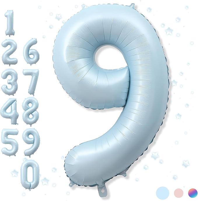 Big Number 9 Balloons, Light Sky Blue Foil 9 Balloon Numbers 40 Inch, Giant 9th Birthday Party Decor, Pastel Baby Matte Blue Mylar Helium Self Inflating Balloon for Boy Birthday Anniversary Decoration
