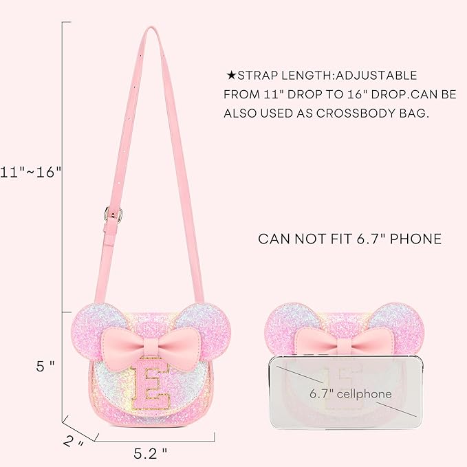 mibasies Toddler Purse Girl Gifts: Girls Birthday Gifts for 3-8 - Toys for Ages 2-4 Girls Mouse Ears Purse, Glitter Rainbow, Letter E
