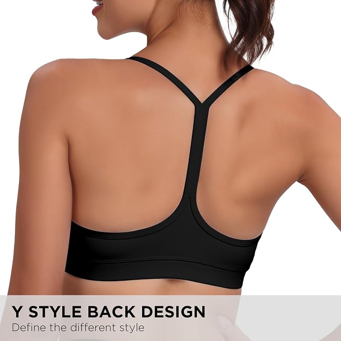 Raxnode Women's 3-Pack Y-Back Sports Bra, Thin Spaghetti Strap Nylon Yoga Bra with Removable Cups, Light Support Bralettes