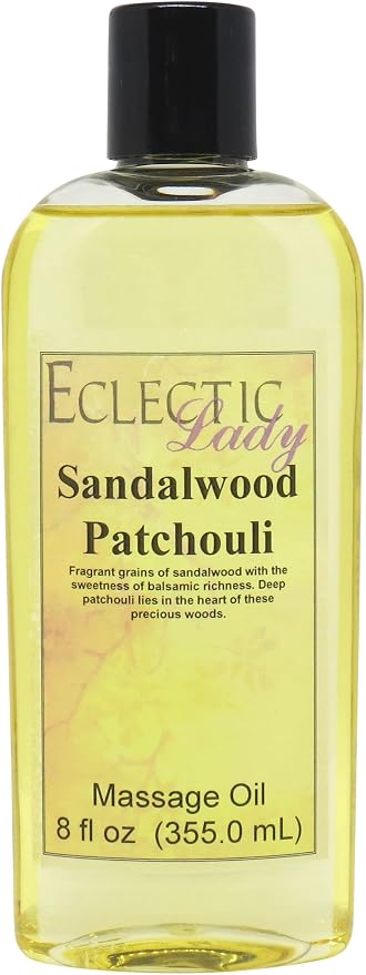 Sandalwood Patchouli Essential Massage Oil - Sweet Almond and Jojoba Oil, Preservative-Free, Perfect for Aromatherapy and Relaxation (8 oz)