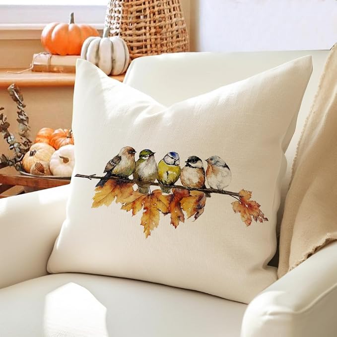 RABUSOFA Fall Pillow Covers 20x20 Inch Watercolor Bird Autumn Decorations for Home Outdoor Thanksgiving Decor Maple Leaf Decorative Throw Pillow Cases Farmhouse for Couch Sofa