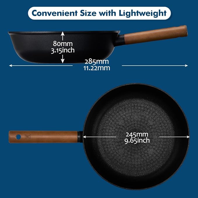 Wagensteiger Aluminum Body Flat Bottom Wok, Restaurant & Business Grade Fry Pan Titanium Coated Non-Stick Surface, Wooden Handle, Made in Korea, Deep Large Skillet, Black(17.91"L x 11.22"W x 3.15"H)