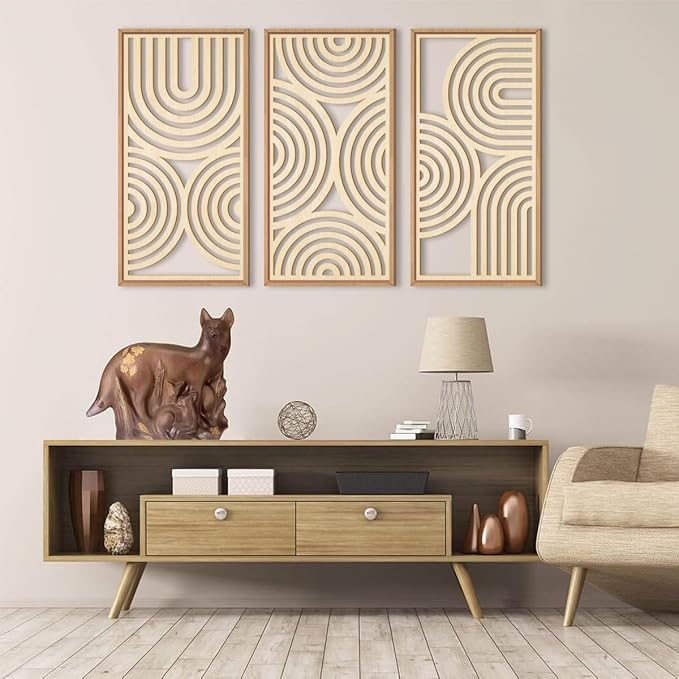 IARTTOP Large Boho Wood Wall Art Set of 3 Framed Wooden Mid-Century Modern Wall Decor Minimalist Modern Abstract Geometric Decor for Living Room Bedroom Office-16x32 Inch
