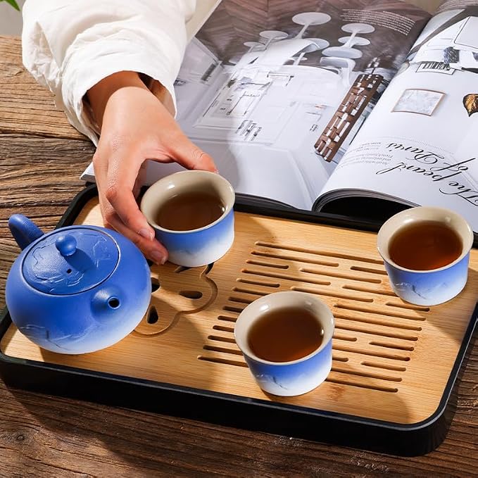 LURRIER Gongfu tea sets, Portable Ceramic TeaSet, Asian Tea sets for adult, Tea Gift sets, Grey leather case, Portable Travel Bag,Home,Gifting,Outdoor and Office(XBlue and White)