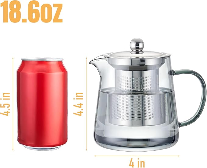 PARACITY Glass Teapot Stovetop 32OZ, Borosilicate Clear Tea Kettle with Removable 18/8 Stainless Steel Infuser, Teapot Blooming and Loose Leaf Tea Maker Tea Brewer (Black, 550ML)