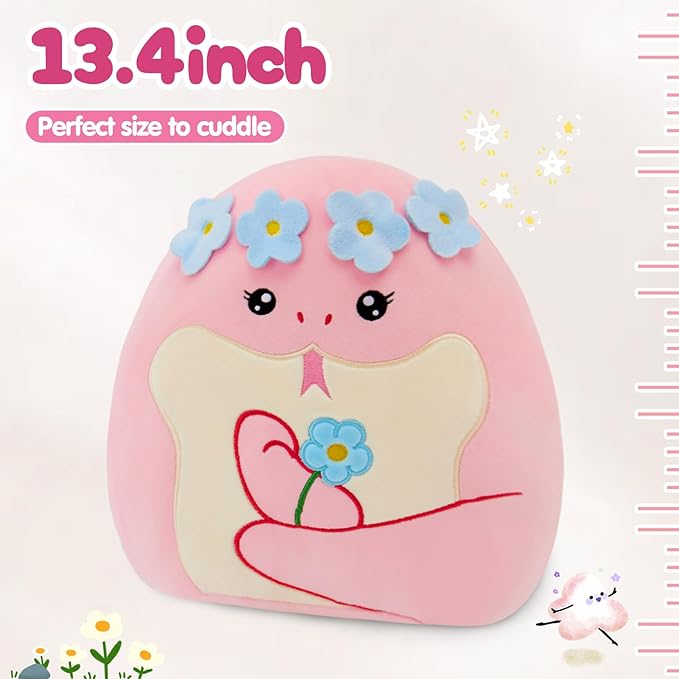 SpecialYou Flower Crown Pink Snake Plush Pillow - Soft Snake Stuffed Animal Pillow Plushie Toy Birthday Gift for Kids, Boys & Girls 14inch