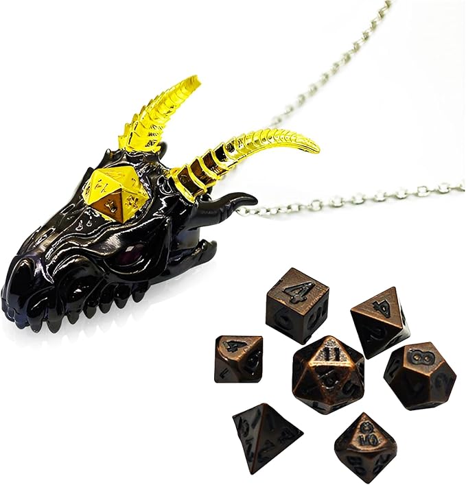 2025 Dragon Necklace for DND Dice Set, 7-in-1 Dragon Metallic D&D Dice with Gift Case for Dungeons and Dragon Game, RPG Role Playing Table Game Gifts (Black Gold)