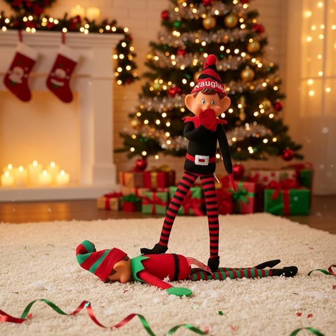 Toyland® Elves With Attitude Twin Pack Elf Soft Toys - 35cm (14") - Naughty & Nice Elves - The Ultimate Festve Duo - Knitted Hat & Legs - Vinyl Cheeky Face & Stick Together Hands - Festive Fun For All