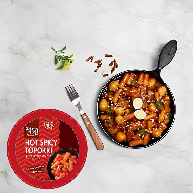 [Dongwon] Intense Fiery Hot Spicy Korean Rice Cake Topokki | Popular Korean Street Food | Easy to Prepare | Bold and Flavorful Chewy Snack for Spice Enthusiasts (1 Bowl)