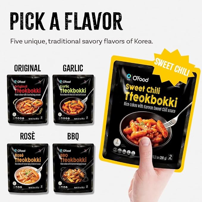 Tteokbokki Korean Rice Cakes – [Sweet Chili | Pack of 1] – Gluten Free | Ready in 3 Minutes | 0 Cholesterol/ 0 Trans Fat | 2 Servings Spicy Street Snack | Healthy/Savory/Spicy - O’food