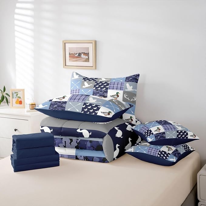 Feelyou Blue Hunting Camo Comforter Set with Sheets 7 Piece Full Size Camouflage Duck Bed in a Bag Kids Boys Girls Wild Animal Hunter Bedding Set Bedroom Decor Breathable Soft Lightweight Microfiber