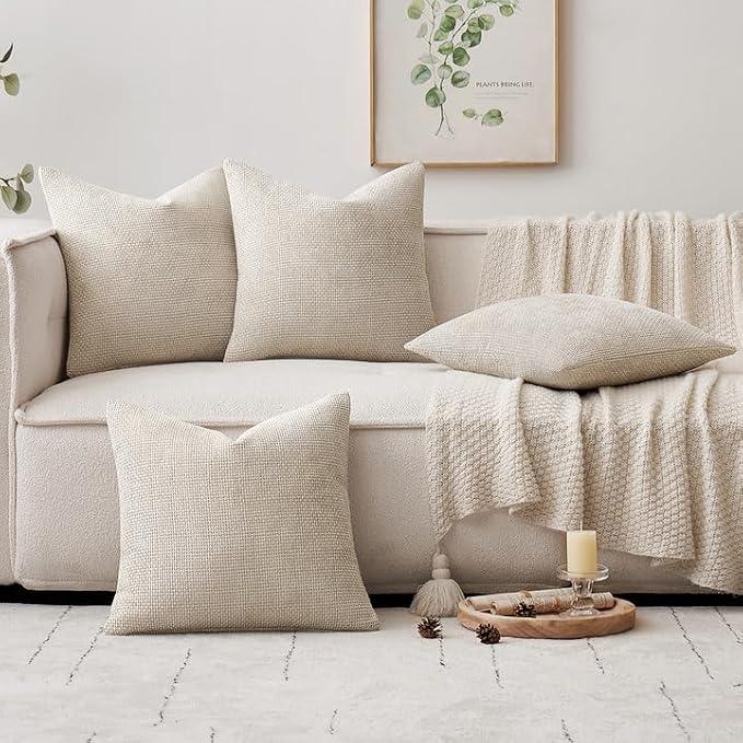 MIULEE Soft Decorative Chenille Pillow Covers Cream 18x18 Pack of 4 | Modern Home Decor, All Same Cream Color Set, Couch Throw Pillows, Farmhouse Boho Cushion Covers for Sofa Bed Living Room