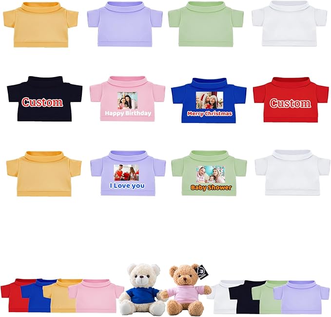 12 Pcs Custom Teddy Bear Clothes with Name Photo, Personalized Stuffed Animal Clothes for Teddy Bears Fit 8-16inch Stuffed Bear Clothing, Custom Doll Outfit Make Your Own Plush Doll Shirt