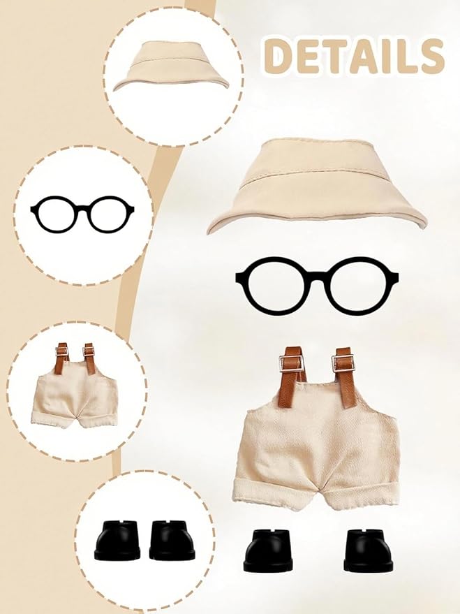 2PCS Doll Clothes Set for 17cm Dolls – Stylish Outfit with 2 Hat, 2 Overalls, 2 Shoes & 2 Glasses of Clothes Designer, Cute Clothes for Dress up Unique Style (Khaki+Beige) (Doll Not Included)