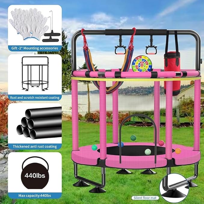 Trampoline for Kids, Upgrade Full Anti-Rust 440lbs Indoor Outdoor Toddler Trampoline with Net, 55" Adjustable Baby Toddler Trampolines Accessories Dart Board