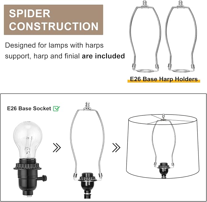 Drum Lampshades Set of 2, 11.6" x 12.6" x 9.8" Medium, Beige with Black Rim | Lampshades for Table Lamps, Natural Linen Lampshades for Floor Lamps Wall Lamps, Spider, Harp Holders Inculded, Easy Assembly