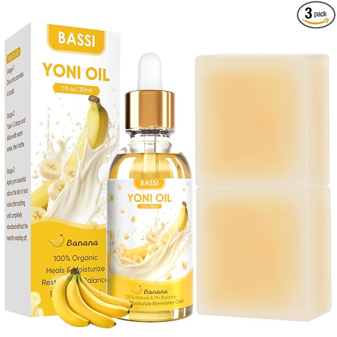 Yoni Soap Bars & Natural Yoni Oil Set, Natural Yoni Wash for Women Feminine Wash Deodorants pH Balance, Eliminates Odor, Banana Feminine Oil 30ml/1 oz, 2pcs 3.53 oz Bath Soap