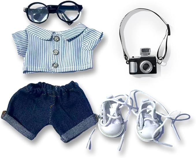 5 Set 17cm Doll Clothes -Clothes for Dolls Outfit - Accessories for 17cm Dolls Clothes +Light Pink Heart-Shaped Velvet hat + Small Camera + Glasses + Canvas Shoes, No Doll Included (Style Y)