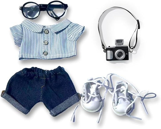 5 Set 17cm Doll Clothes -Clothes for Dolls Outfit - Accessories for 17cm Dolls Clothes +Light Pink Heart-Shaped Velvet hat + Small Camera + Glasses + Canvas Shoes, No Doll Included (Style Y)