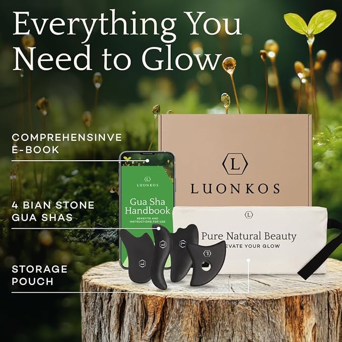 LUONKOS Gua Sha Facial Tools - Set of 4 Black - Large Bian Stone Guasha Tool for Face Sculpting - Lymphatic Drainage Massager with Polished Edges Glide Effortlessly for Daily Skincare Routine