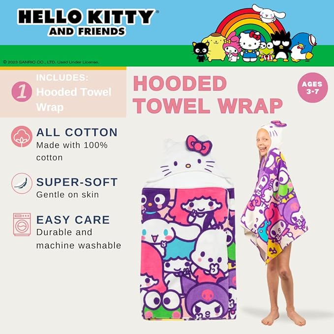 Hello Kitty & Friends Kids Super Soft Bath/Pool/Beach Soft Cotton Terry Hooded Towel Wrap, 24 in x 50 in, (Officially Licensed Product) By Franco