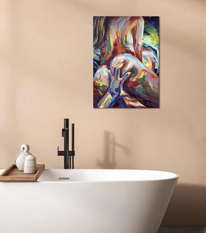 Yeesjoee Sexy Nude Woman Wall Art Canvas Prints, Abstract Body Painting Vibrant Color & Modern Bold Brushstroke, Lovers Posters Decor for Bedroom Sexual Bathroom Laundry Ready to Hang, 12x16 in Framed