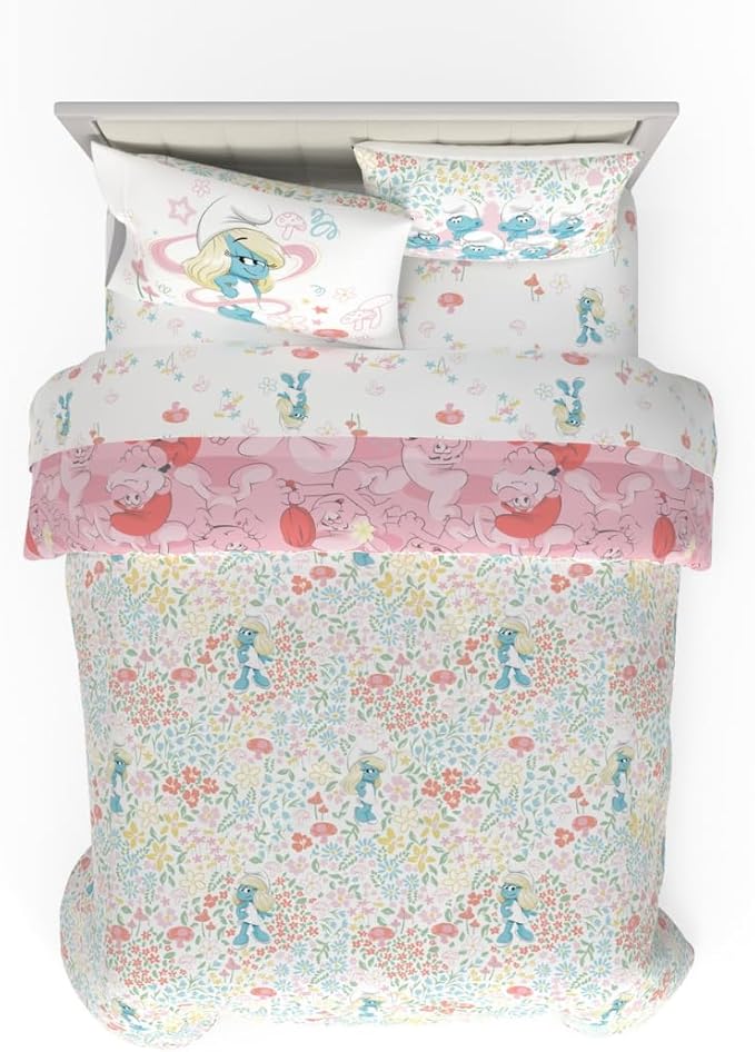 The Smurfs Smurfette Full Bedding Set – 7 Piece Kids Super Soft Microfiber Reversible Comforter & Sheet Set - Pink, (Officially Licensed Product) by Franco
