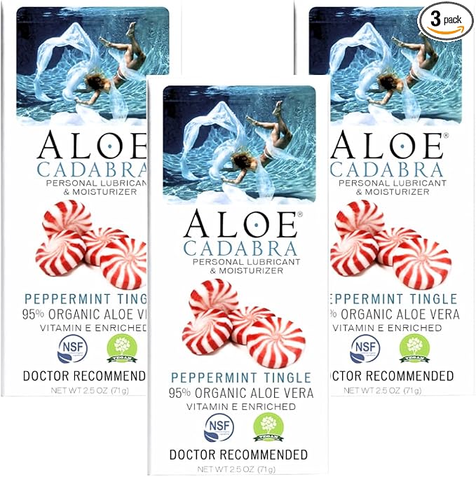 Aloe Cadabra Flavored Personal Lubricant & Vaginal Moisturizer, NSF Certified Organic Edible Aloe Lube for Men, Women & Couples, Non-Staining, pH Balanced, Toy Compatible (Peppermint, 2.5oz, 3 Pack)