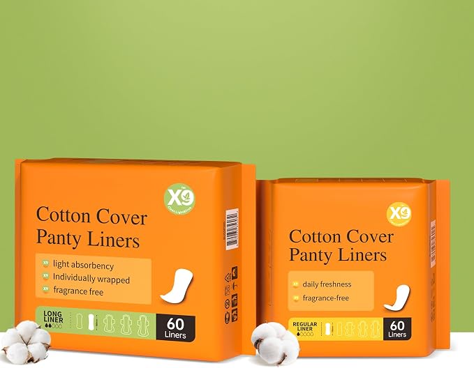 X9 Cotton Cover Panty Liners for Women, 60 Count, Fragrance-Free Light Absorbency Daily Liners with Soft Cover (Long, Count, 120.0)