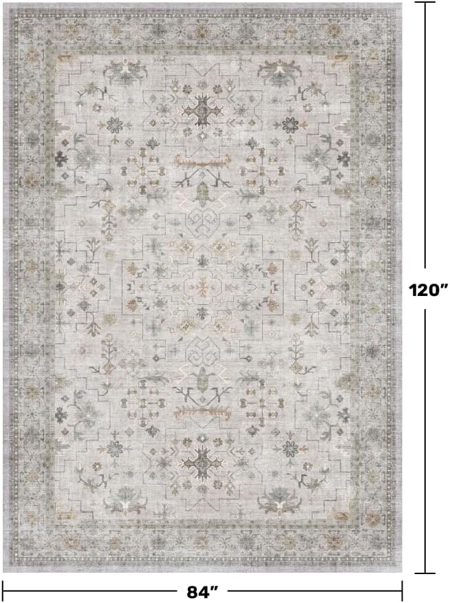 Boho Living Room Rug 7x10 - Washable Light Gray & Sage Area Rug for Dining Under Table, Low Pile Non-Slip Large Bedroom Carpet, Modern Eclectic Geometric Neutral Floral Décor