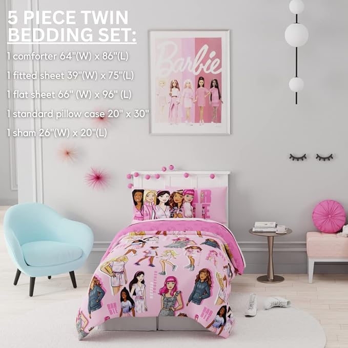 Franco Barbie Barbiecore Bedding Super Soft Comforter and Sheet Set with Sham, 5 Piece Twin Size, College Dorm Essentials (Official Licensed Product)