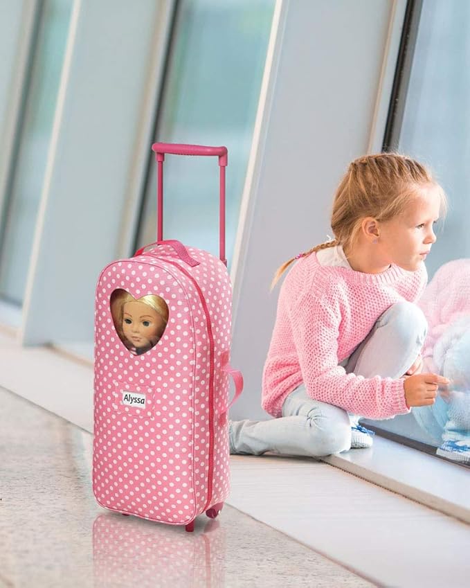 Badger Basket 3-in-1 Trolley Doll Carrier with Rocking Bed and Bedding – Adorable Pink Polka Dot Design for 18-Inch Dolls