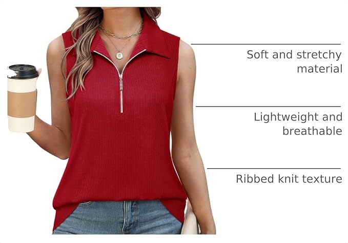 Vivilli Womens Ribbed Tank Top Zipper V Neck Dressy Casual Blouses Sleeveless Camisole Tops Work Tank Polo Shirts