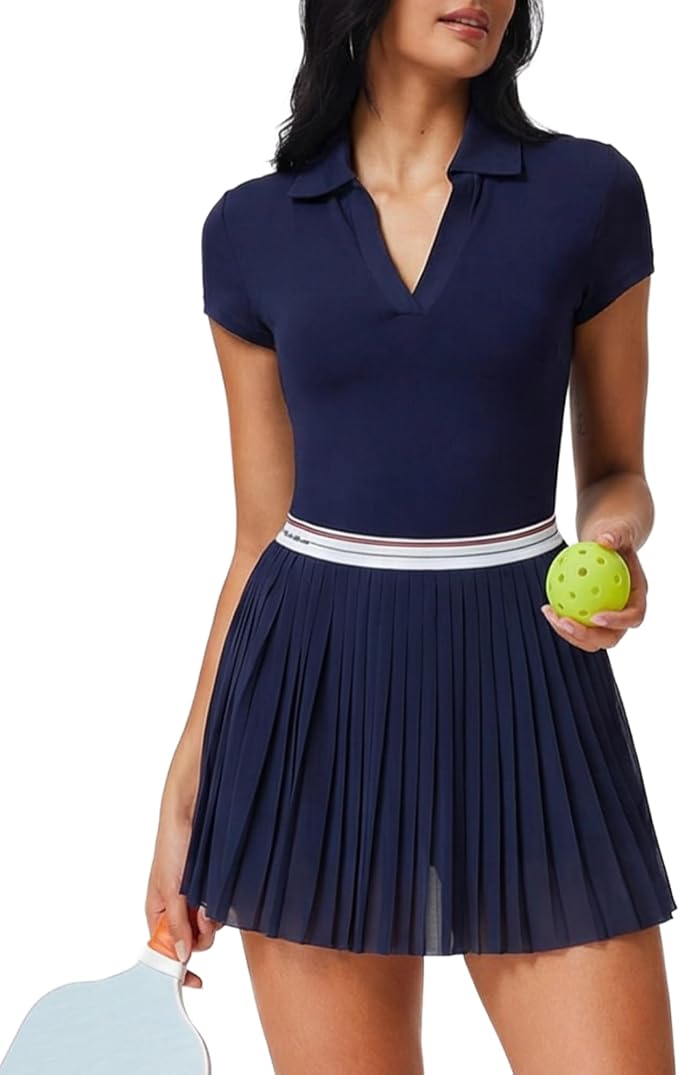 Mudere 2 Piece Golf Outfits for Women Tennis Skirt Set Built-in Shorts | Deep V-Neck Lapel, Silky Breathable High Stretch Fabric, Side Pockets, Activewear, Athletic Wear