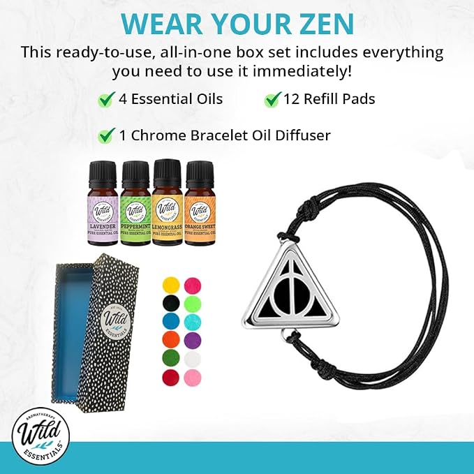 Wild Essentials Potter Hallows Essential Oil Diffuser Bracelet Gift Set with Aromatherapy Pendant, Adjustable Nylon Band, 12 Pads and 100% Pure Oils; Lavender, Lemongrass, Orange and Peppermint
