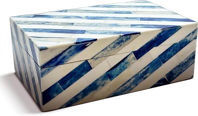 Perilla Home Home Decor Decorative Storage Wooden Box Small Lazio Organizer Tool Stash Card Craft Treasure Trinket Memory Keepsake Jewelry Box for Men and Women, Gifts For All, Blue and Off White
