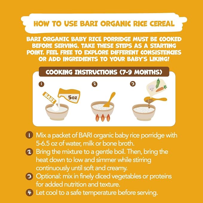BARI Organic Baby Rice Porridge – Stage 2 – For Babies 7+ Months | USDA Organic, Heavy Metal Tested, Korean Rice Cereal, No Added Sugar, Gluten-Free | 6.3 oz (10 Packets)