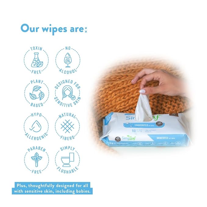 Simpleaf Flushable Wet Wipes | Eco- Friendly, Paraben & Alcohol Free | Hypoallergenic & Safe for Sensitive Skin | Unscented Soothing Aloe Vera Formula (50 Count) 1 pack