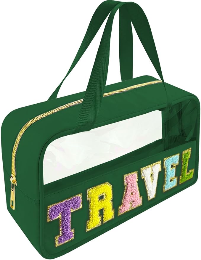 Bunliuys Chenille Letter Clear Makeup Bag Travel Patch, Travel Toiletry Makeup Bag with Handle, Nylon Waterproof Makeup Bags clear cosmetic bag, preppy patch makeup bag for Women (TRAVEL-Dark Green)