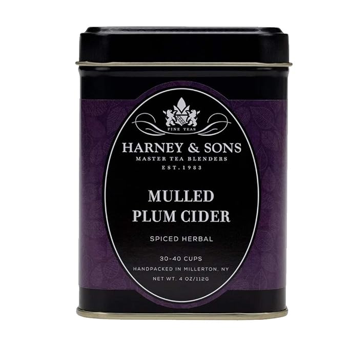 Harney & Sons Mulled Plum Cider, 4oz Loose Leaf Herbal Tea with Cinnamon, Rooibos, Apple Pieces, and Plum