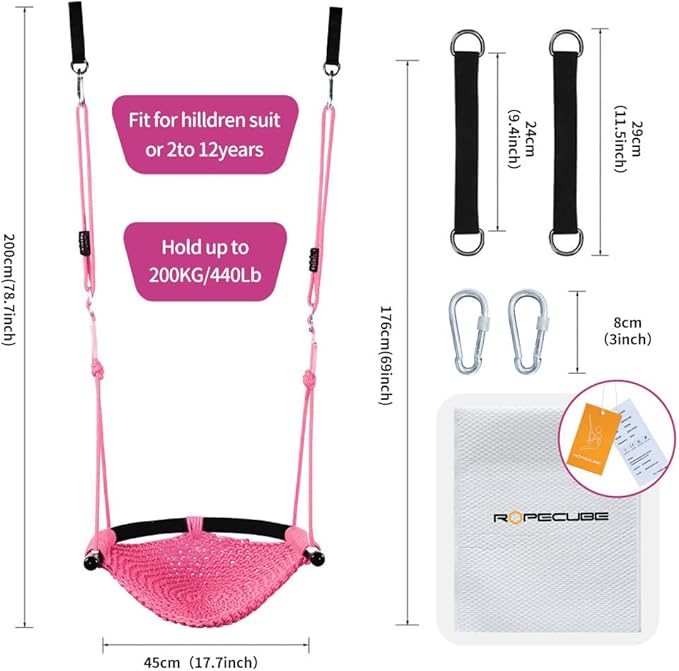 Hand-Knitting Toddler Swing, Swing Seat for Kids with Adjustable Ropes, Little tikes Swings Set, for Outdoor Indoor, Playground, Backyard (Pink)