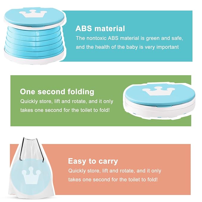 Travel Potty for Toddler, Portable and Foldable Toilet, Apply to Seat Emergency Toilet for Car, Camping, Outdoor, Indoor with 3 Rolls Bag（Light Blue)